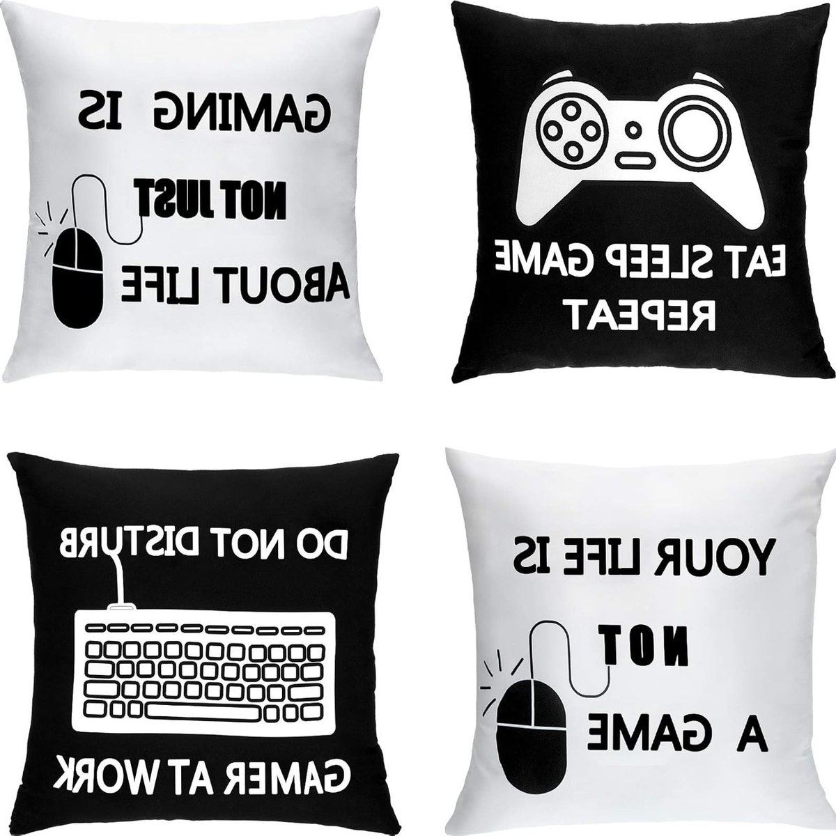 Set van 4 Kussenslopen voor Fans van Videospellen - Grappige Cadeaus voor Gamer Feestjes en Slaapkamers, Decoratie voor Thuis (Zwart en Wit, 16"x16")