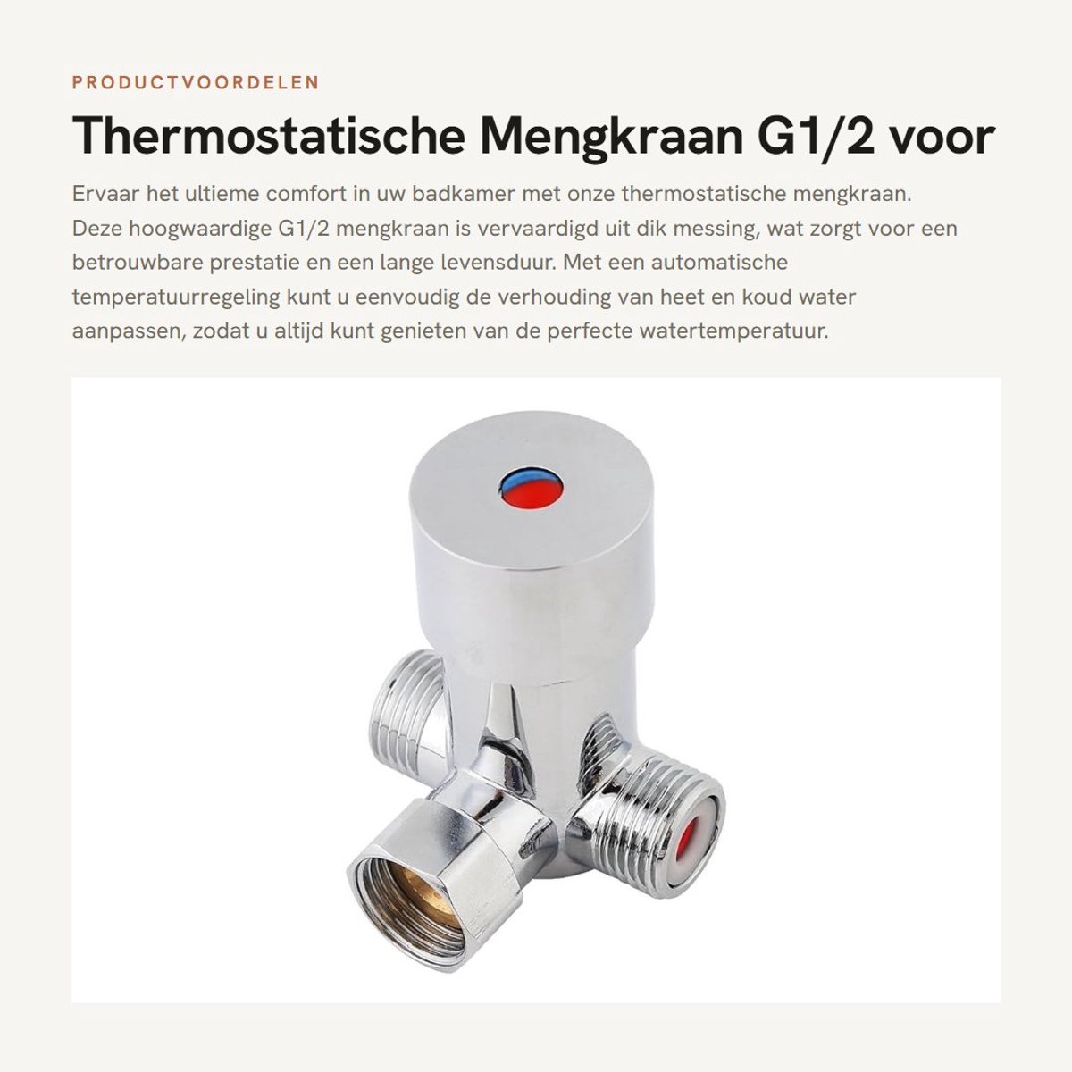 Dailygoods- Thermostatische Mengkraan - G1/2 Aansluiting - Warm/koud Water Mengventiel - Temperatuurregeling - Messing Materiaal - Eenvoudige Installatie