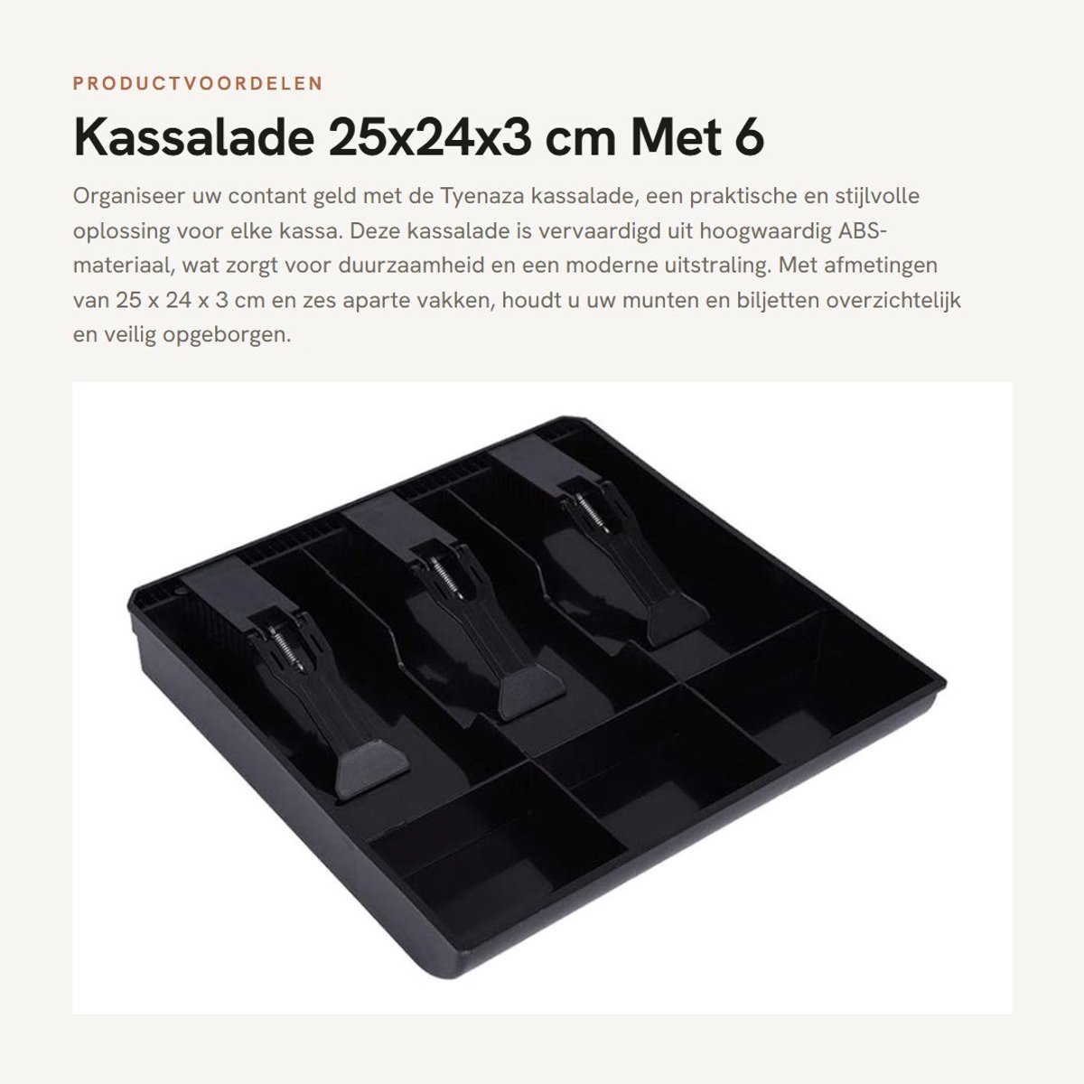Dailygoods- Kassalade 25 x 24 x 3 cm - 6 vakken - Geldkistje - Handmatige kassalade - ABS materiaal - Sterke veerklem voor munten - Geldlade