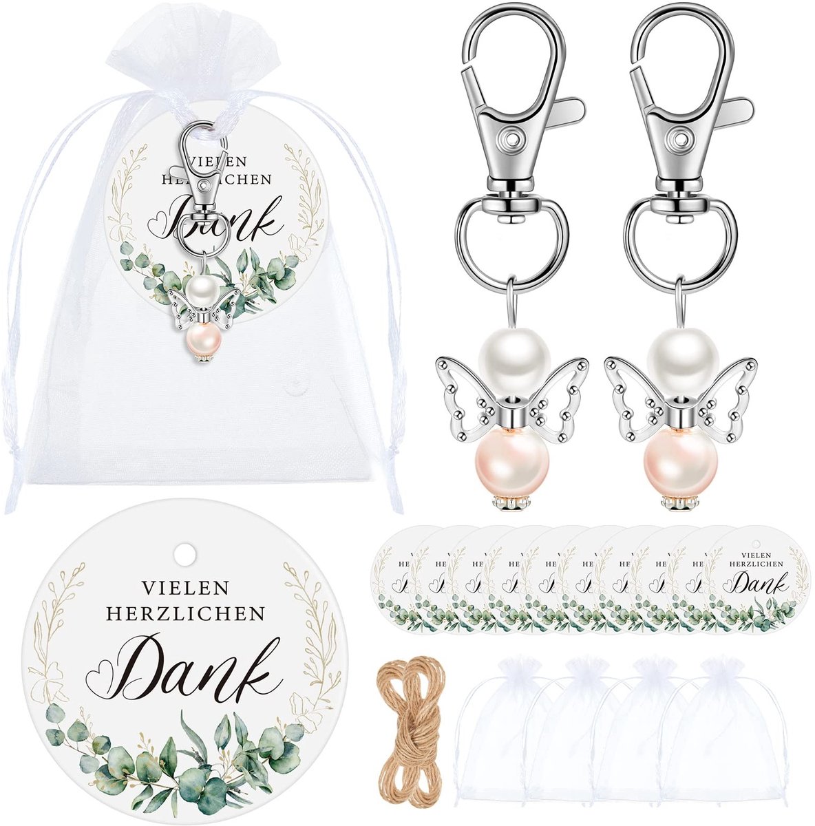 Dailygoods- Engelcadeaus 30 Sets - Sleutelhangers - Ronde Cadeauhangers - Organza Zakjes - Decoraties - Aandenken voor Feesten - Cadeaus