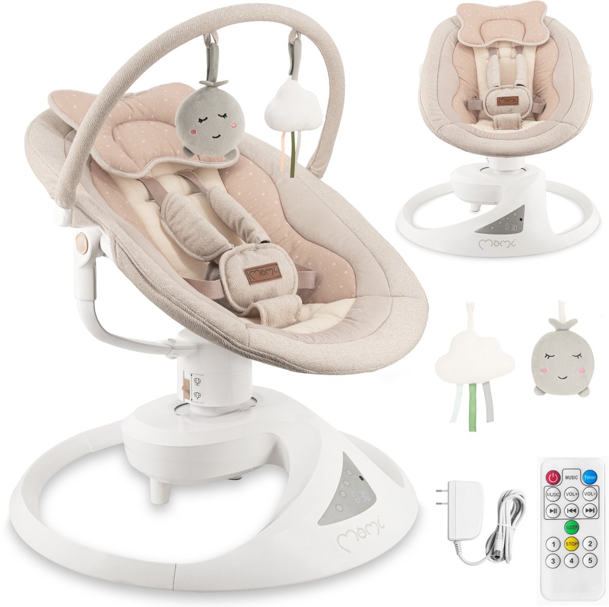 MoMi PEARL Elektrische Babyschommel en Wipstoel met Bluetooth, Afstandsbediening en 360° Draaibare Zitting - Beige