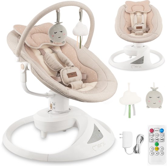 Een beige elektrische babyschommel met speelgoed, afstandsbediening en oplader. Inclusief close-ups van de zitting en de afstandsbediening.