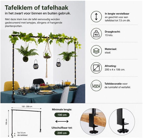 Zwarte tafelbeugel met planten en lampjes boven een gedekte tafel, 200 cm breed.