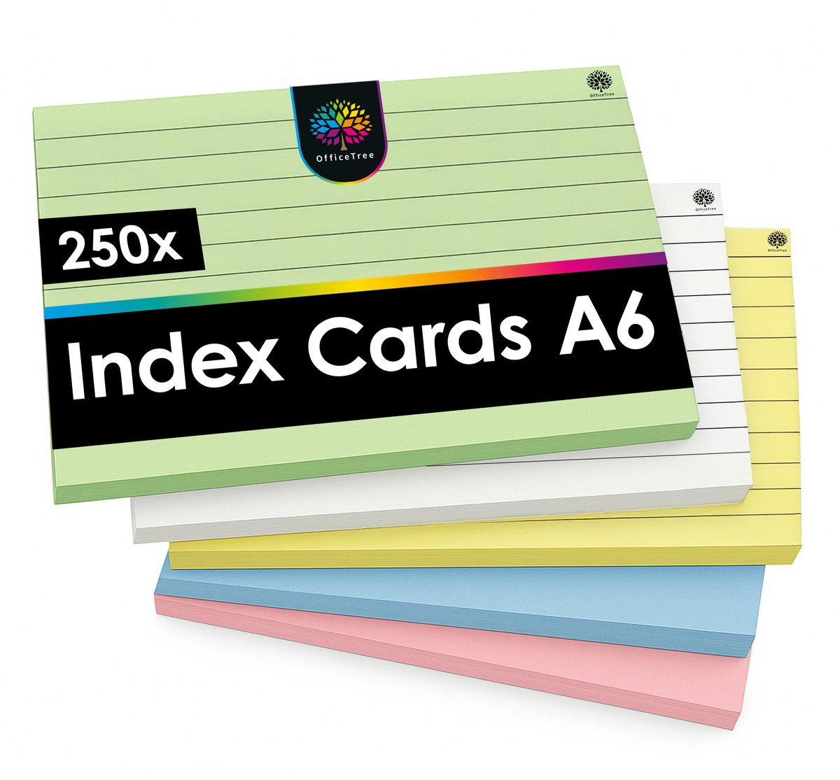 OfficeTree 250x Indexkaarten A6 - Gelinieerd - 5 Kleuren - Flashcards voor School & Studie - Perfect voor Notities & Organisatie - DIN A6 Indexkaarten - Flash Cards