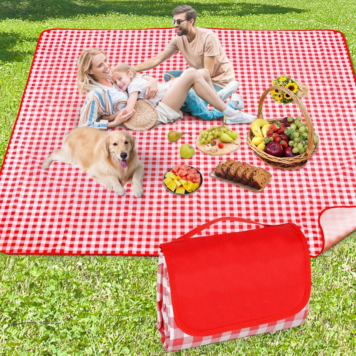 OLOEY Picknickdeken, 200 x 200 cm, zandbestendig, stranddeken, waterdicht, campingdeken, wasbaar, met draaggreep, ideaal voor outdoor, camping, strand en familiepicknick (rood geruit)