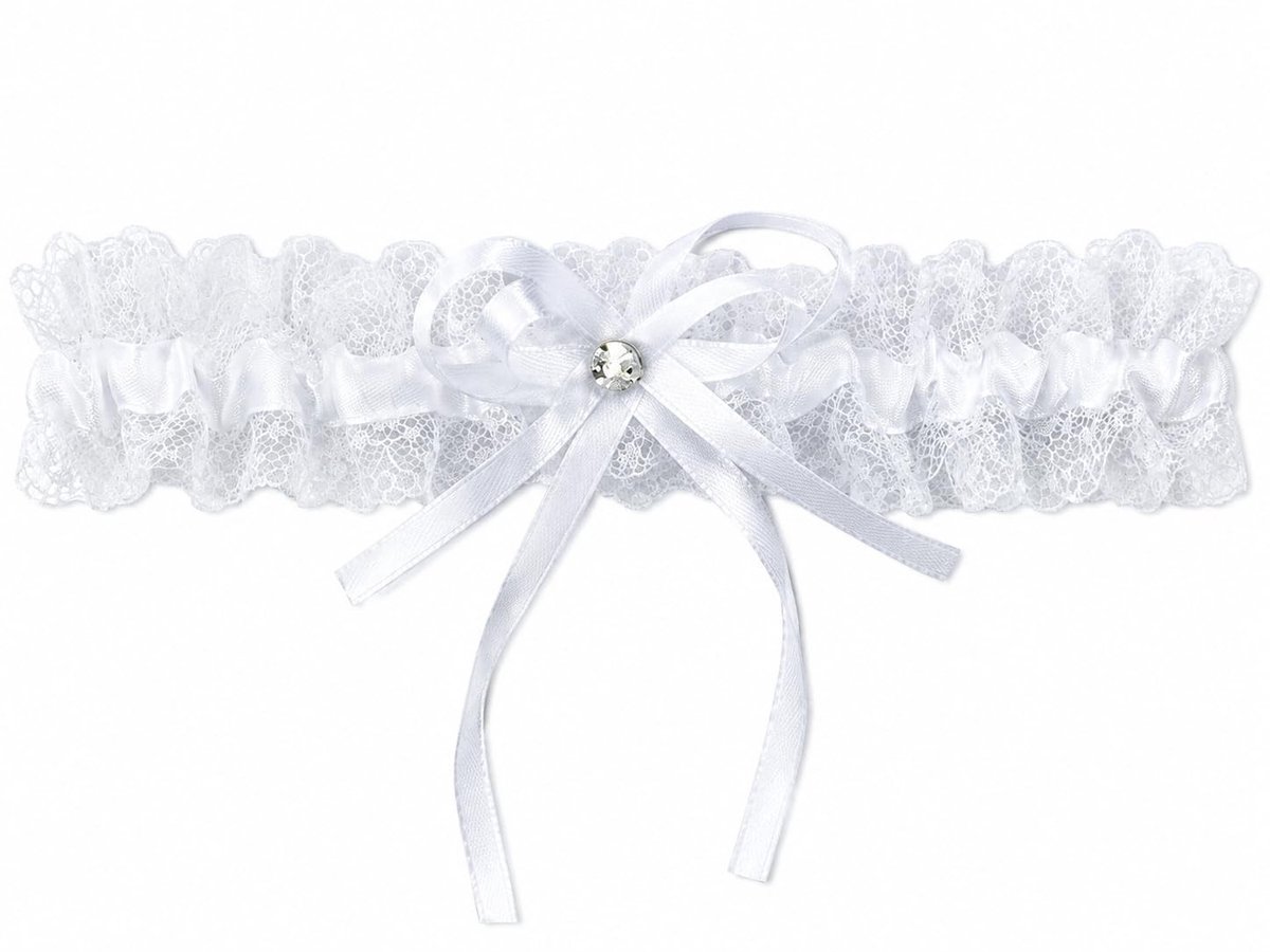 Dailygoods- Kousenband Kanten - Bruiloft - Verstelbare Elastische Band - Zwart/Wit - Kristal Versiering - Geschikt voor Diverse Gelegenheden - Bruidskousenband