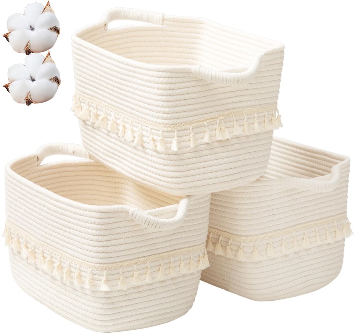 Dailygoods- Wasmand 3 Vakken - Opbergmand met Deksel - Geweven Kledingmand - Katoenen Dekenmand - Duurzaam en Flexibel - Decoratieve Opbergoplossing