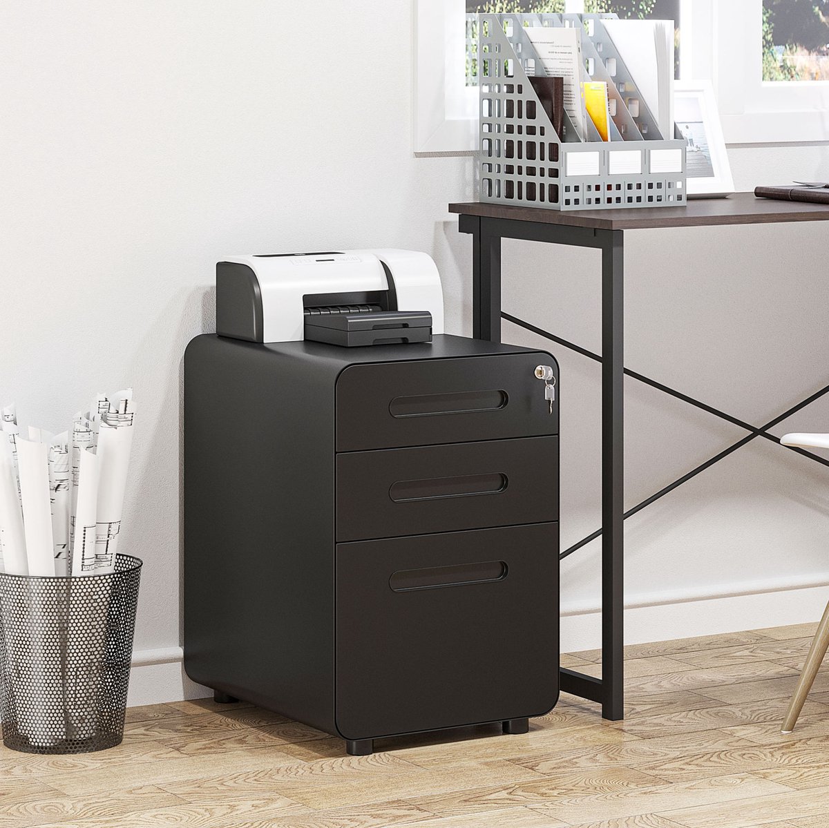 MEUNIQ Rollcontainer hangmaprek 39 x 48 x 59 cm met 3 lades, slot en 4 wielen, stalen archiefkast voor A4 en A5 documenten, kantoor en thuiskantoor, zwart
