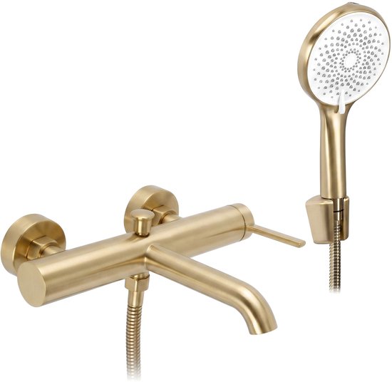 Robinet de bain doré mat avec douchette, muni d'un levier et d'un bec incurvé.