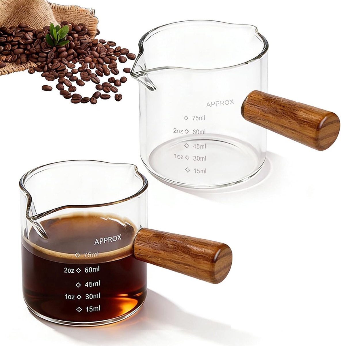 Espresso Maatbekers - Glas - Hittebestendig - Ergonomisch Houten Handvat - Voor Koffieliefhebbers