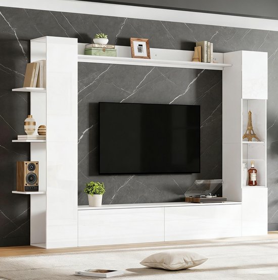 MEUNIQ TV-wandkast 245 x 30 x 170 cm woonwand met open vakken, acryl deur, 2 klepdeuren en opbergruimte voor woonkamer, hoogglans wit