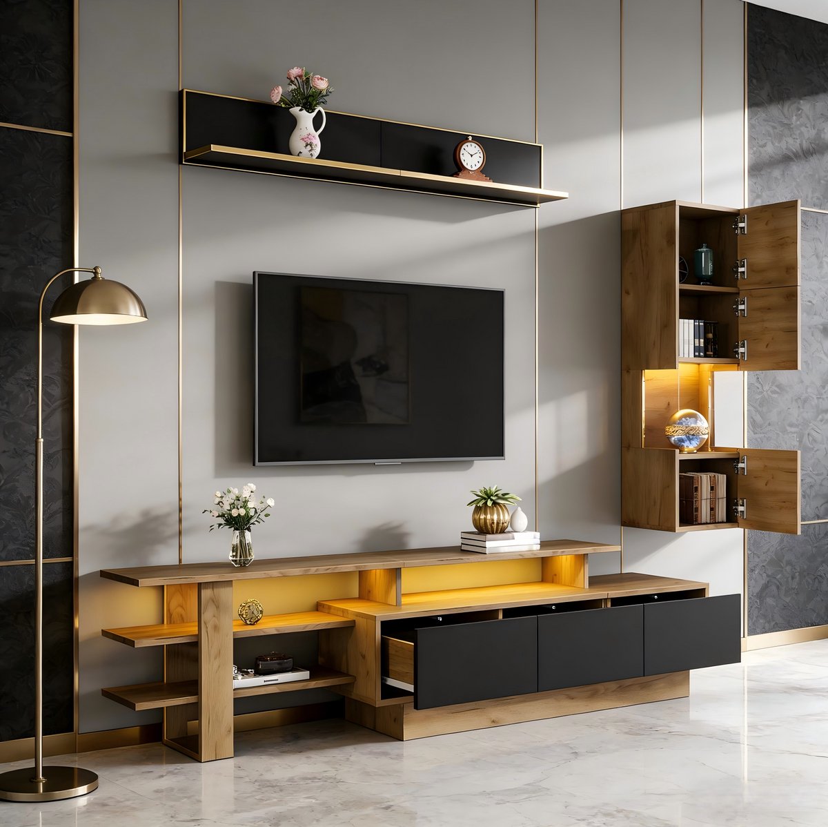 MEUNIQ 3-delige TV meubel set met vitrine, wandplank en LED verlichting, TV kast 180 x 40 x 45 cm met 3 lades en open vak, voor woonkamer, naturel en zwart Naturel hout