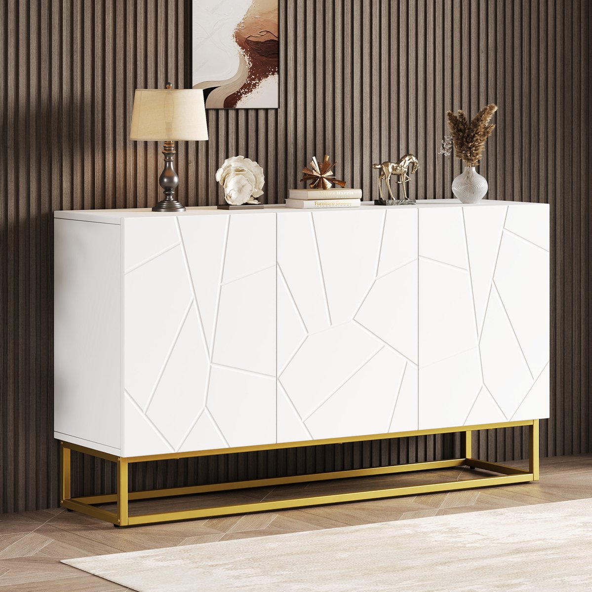 MEUNIQ dressoir 130 x 36 x 76 cm met 3 deuren en verstelbare planken, hoogglans fronten, wit met goudkleurige basis, opbergkast voor woonkamer of eetkamer