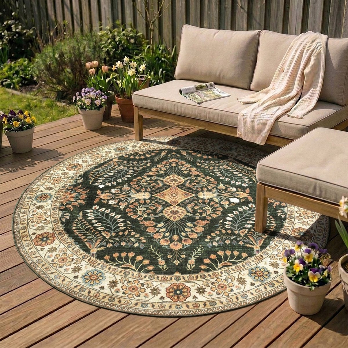 Fraai Rond vintage buitenkleed - Santo Flora Donkergroen - Ø 100cm