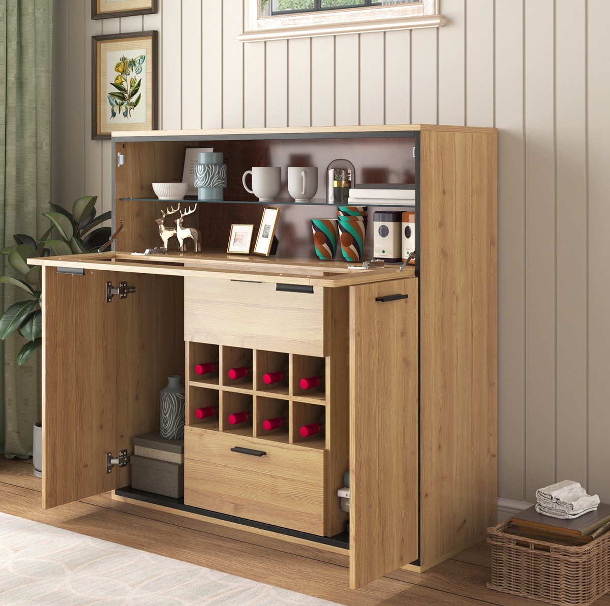 MEUNIQ dressoir wijnkast 110 x 38 x 111 cm met 2 deuren, 2 lades, wijnrek, glasplank en 16-kleuren LED-verlichting voor woonkamer of eetkamer, naturel