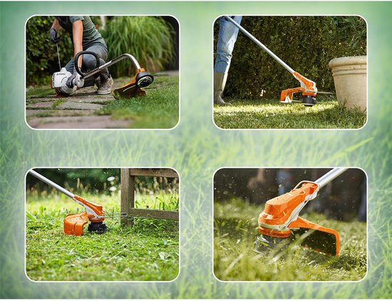 Een man met een grastrimmer in de tuin. Vier afbeeldingen van een grastrimmer in gebruik.