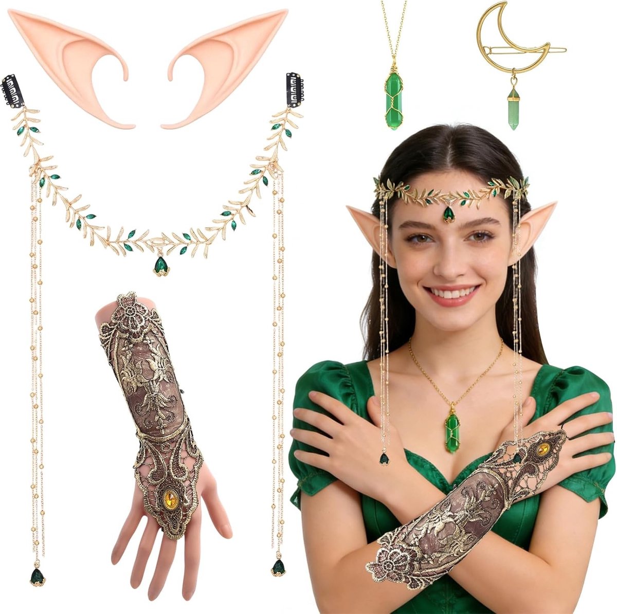 Elf Kostuum voor Vrouwen met Accessoires Set - Elf Oren, Haarspeld, Kroon, Kristallen Ketting en Arm Bescherming voor Feestjes en Cosplay