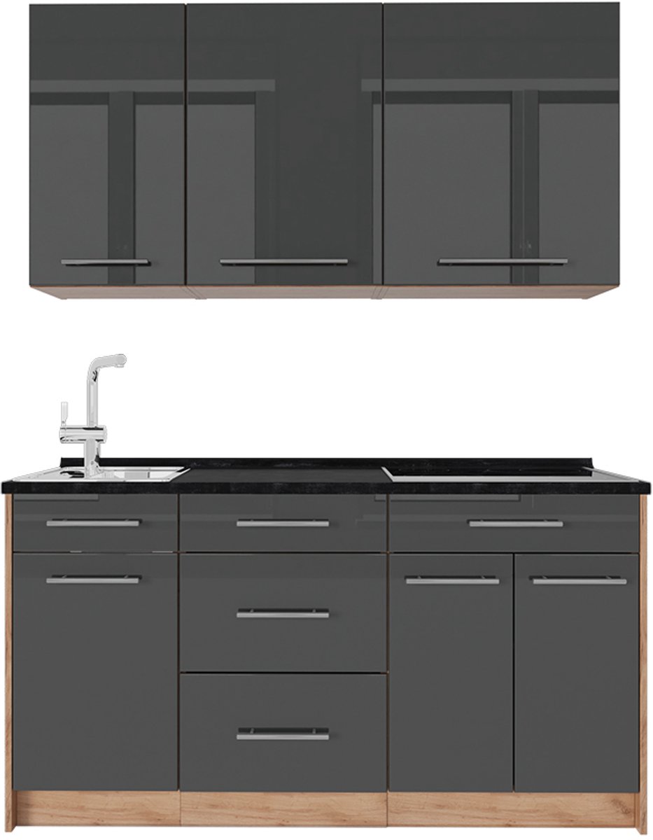 Vicco Eenpersoonskeuken Fame-Line, Antraciet Hoogglans/Goudkleurig Eiken, 150 cm, WB Antraciet