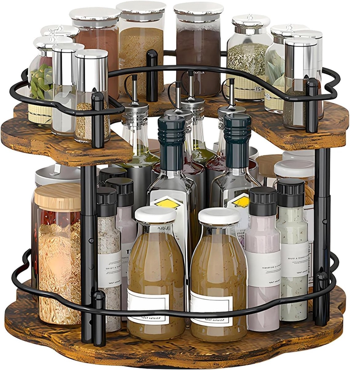 Houten Draaitafel voor Specerijen, 2 Niveaus, Keuken Organizer met 3 Niveaus voor Efficiënte Opslag