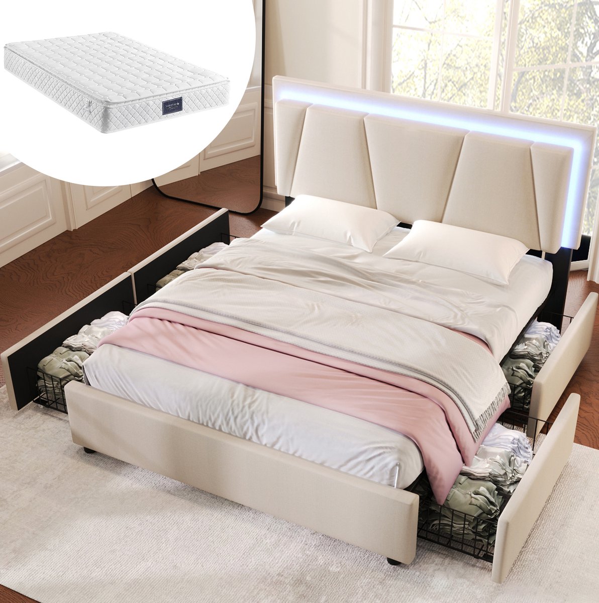 MIVRAY Gestoffeerd Bed 160x200 cm - Tweepersoonsbed Met Verstelbaar Hoofdbord, LED-Verlichting en 4 Lades - Met Matras - Stof - Beige