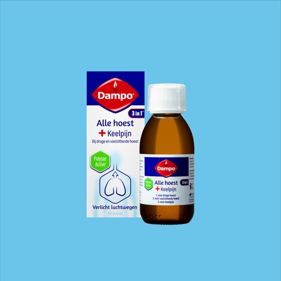 Dampo 3 in 1 Alle Hoest + Keelpijn - Bij droge en vastzittende hoest - Bij keelpijn - Verlicht de luchtwegen - Hoestdrank - Medisch hulpmiddel - 150 ml