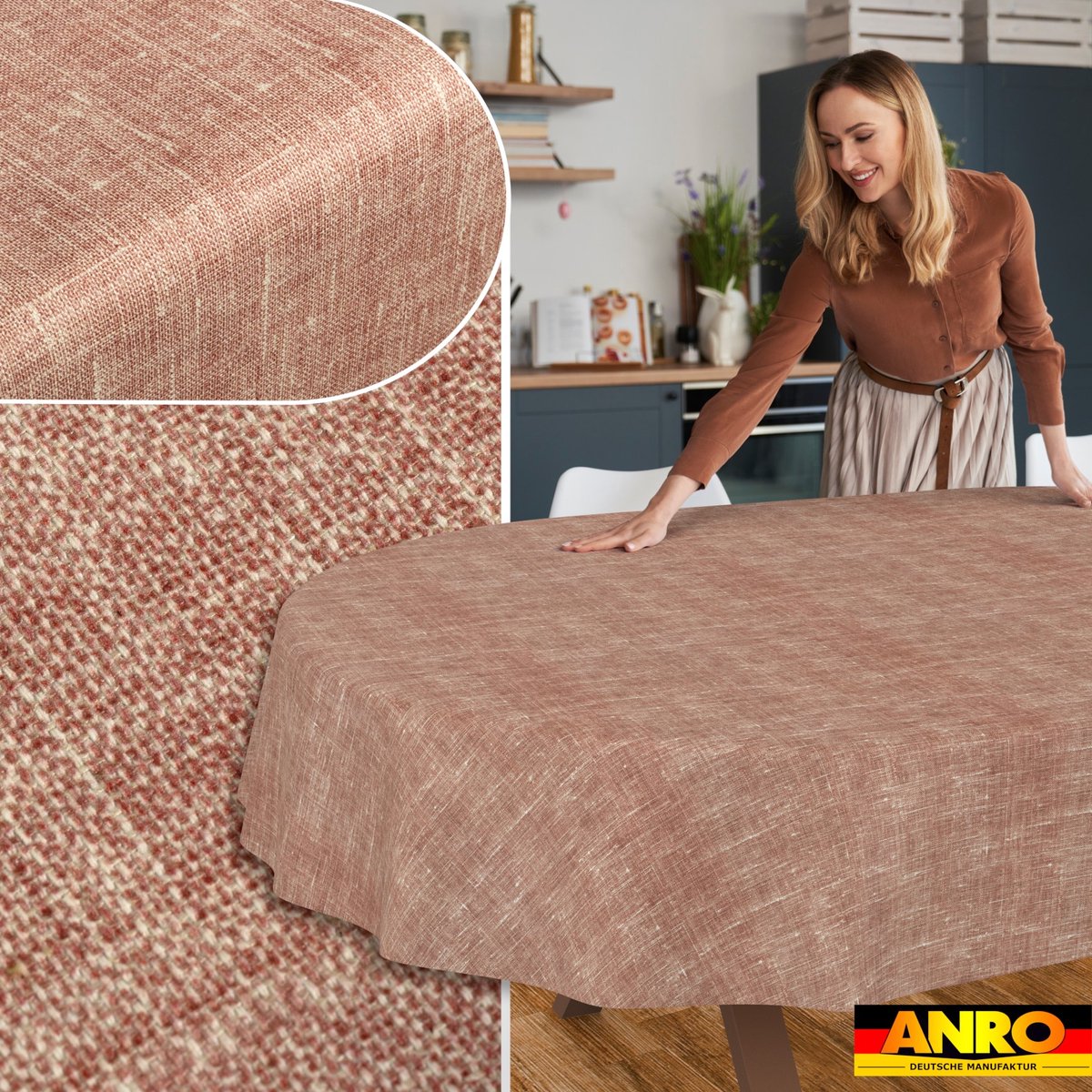 ANRO Tafelkleed Effen linnenlook Rood Ovaal 160x140cm Rechte rand Afwasbaar Waterafstotend