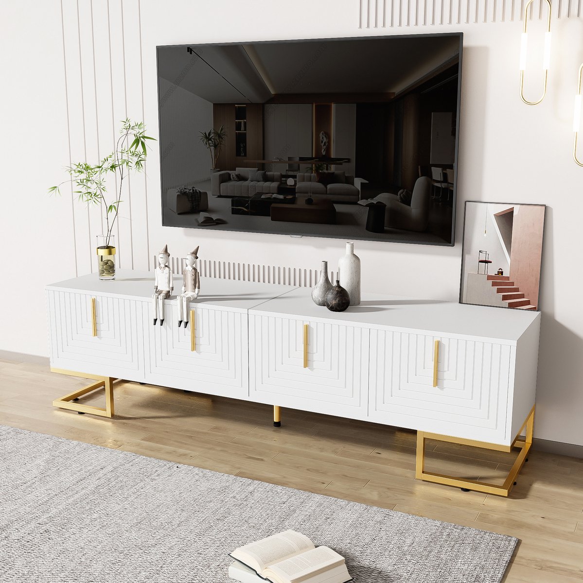 COVREO TV-meubel 170 x 40 x 45,5 cm - 4-deurs lowboard van spaanplaat, wit met gouden deta