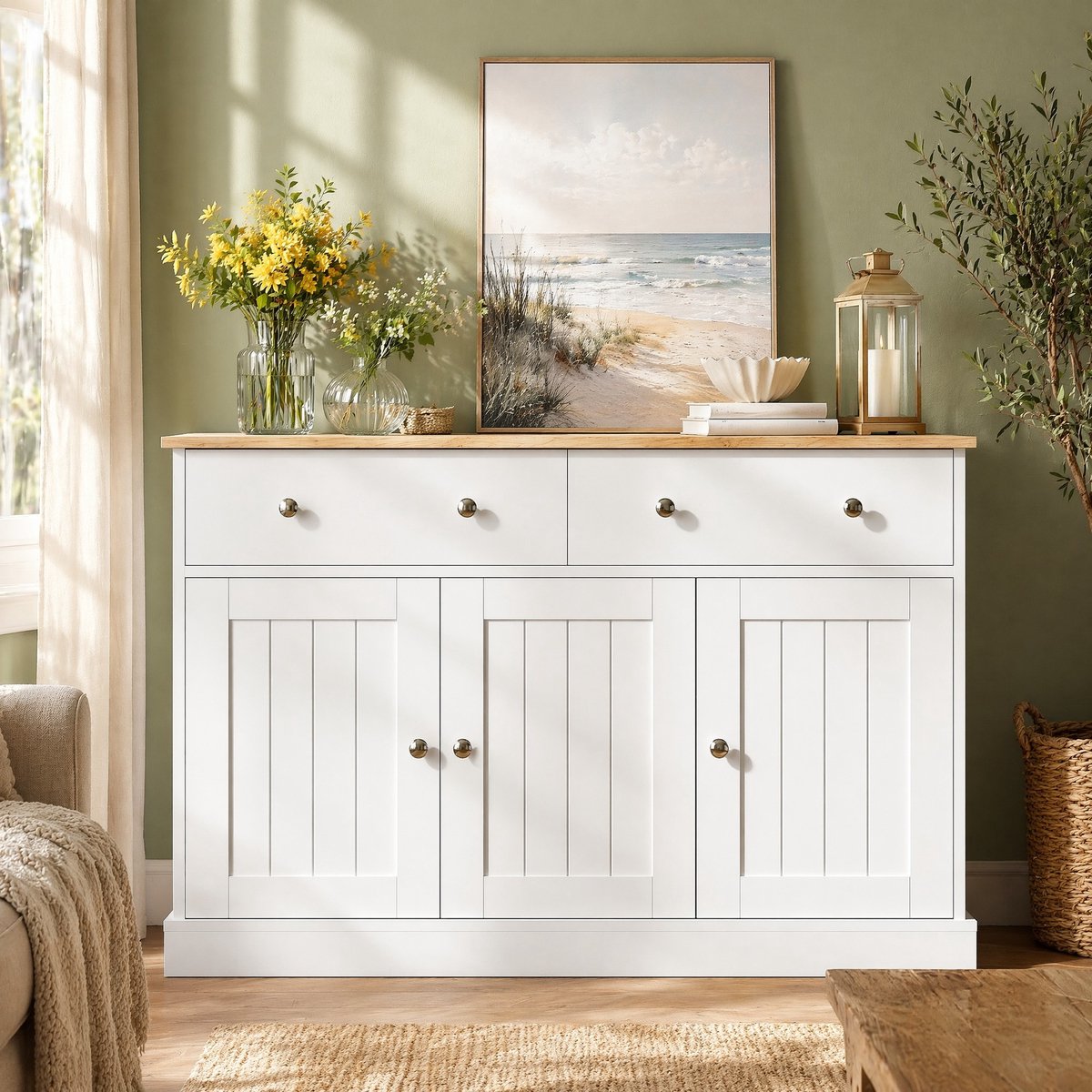COVREO Dressoir 120 x 36 x 80,5 cm - 3 deuren, 2 lades, wit en houtkleur