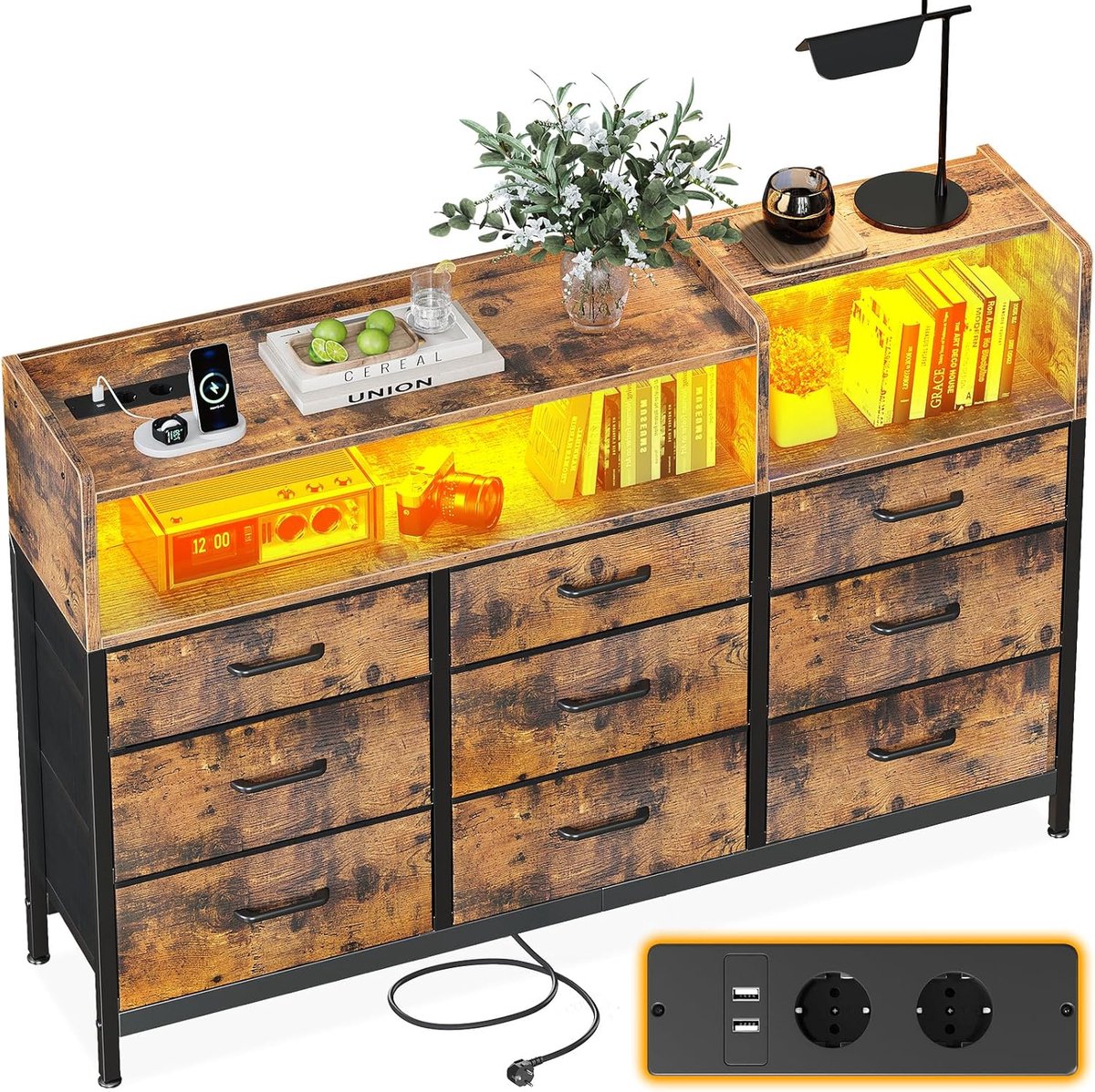 Comodekast met laden, comodetekast met 2 stopcontacten, 2 USB en 10 gekleurde ledstrips, c