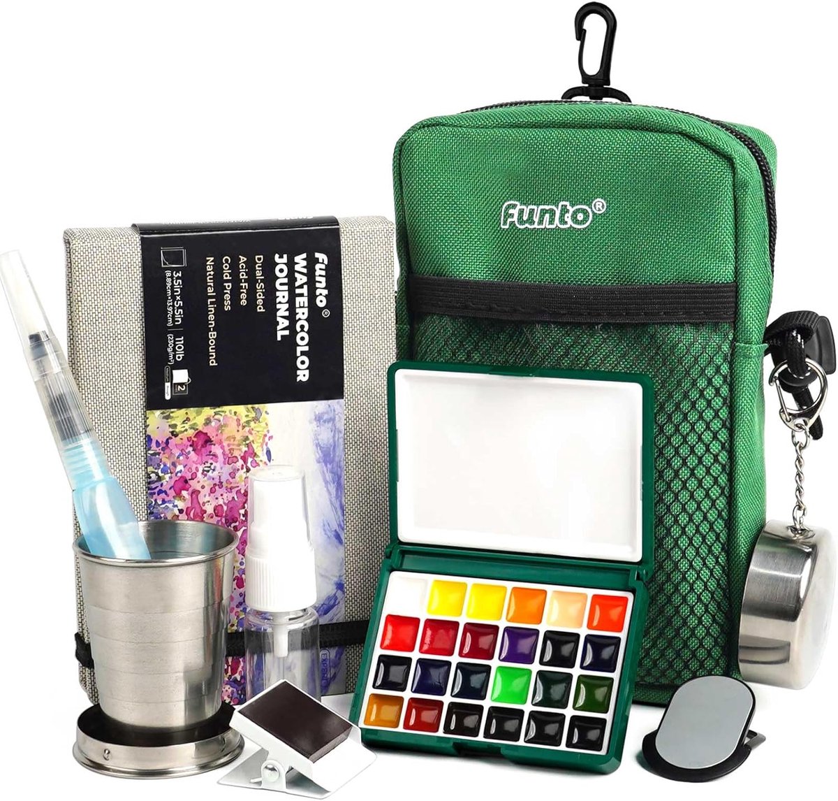 Thijox - Funto Mini Watercolor Paint Set - Premium Reisverf Set met 24 Kleuren, Schouderbandtas, Waterverf Notitieboekje en Waterkwast - Perfect voor