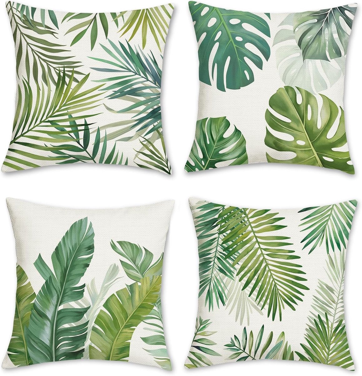 Thijox - Set van 4 Decoratieve Kussenhoezen 45x45 cm met Tropische Bladeren, Polyester Linnen, Groene Palmbladen voor Tuin, Buiten, Lente en Zomer Dec
