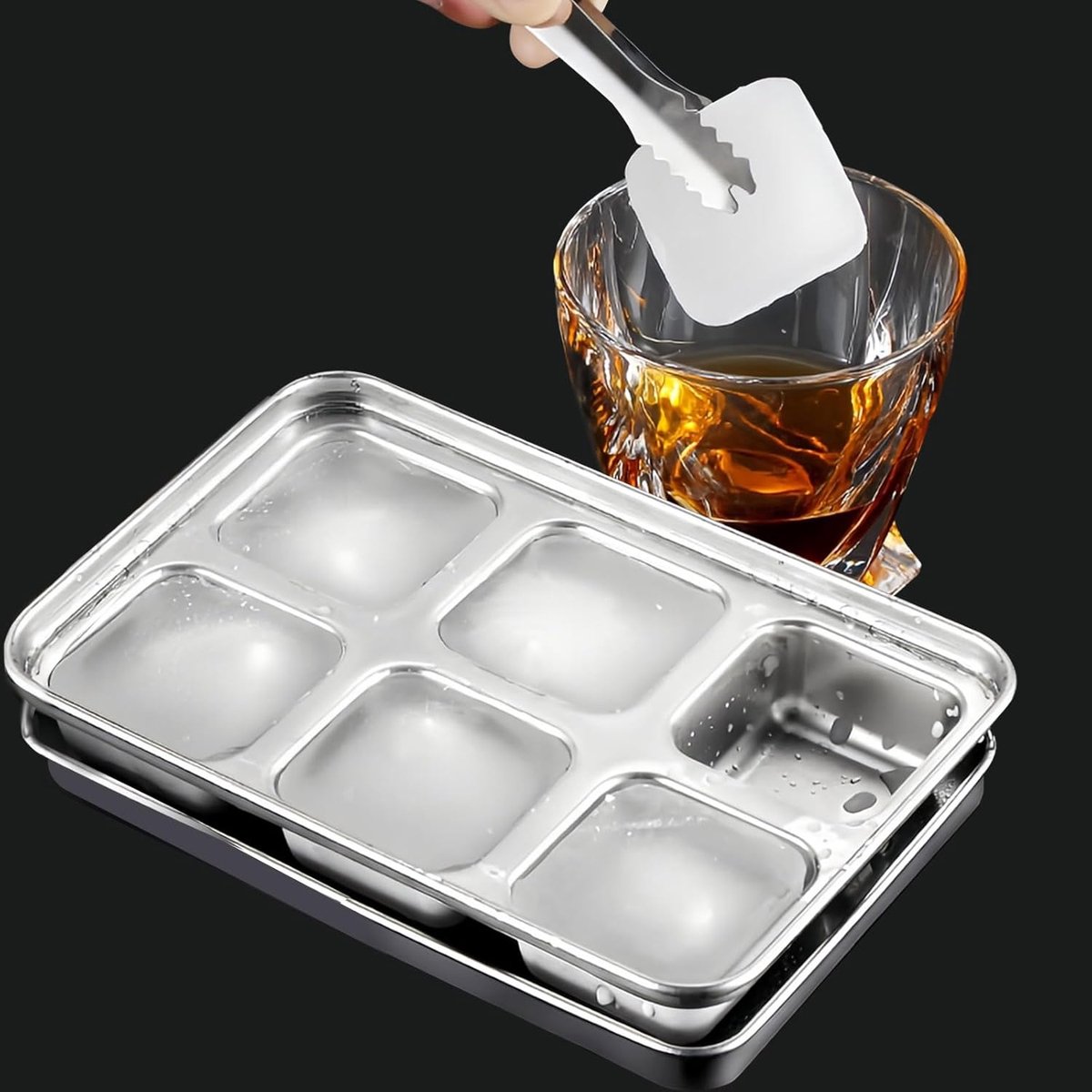 Thijox - IJsblokjeshouder met Deksel van Roestvrij Staal - 6 Vakjes - Vierkante IJsblokjesvorm - Gemakkelijk te Verwijderen - Ideaal voor Cocktails, W