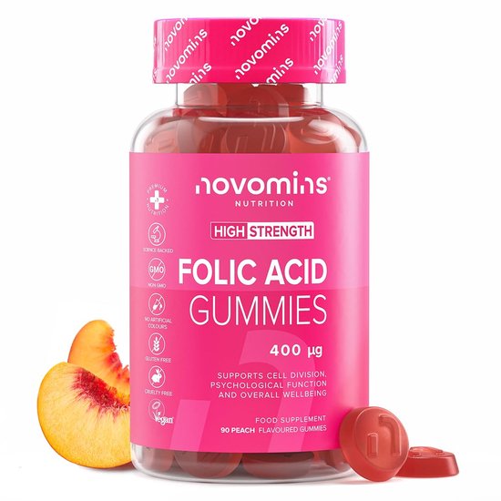 Roze pot Novomins foliumzuurgummies met perzikafbeelding, 400 µg, veganistisch en glutenvrij.