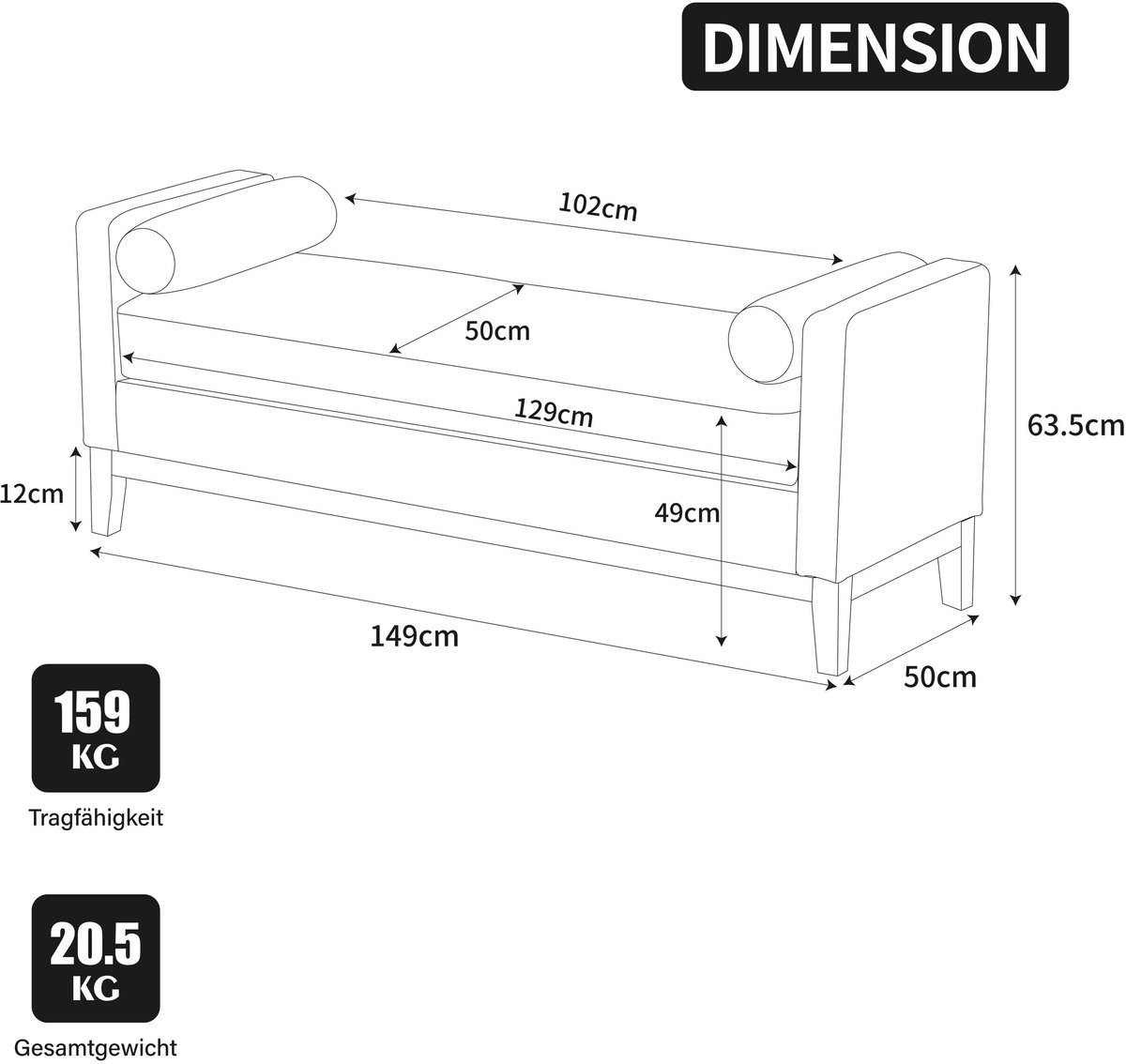 YYchan gestoffeerde zitbank - ivoor - 149 x 50 x 63,5 cm