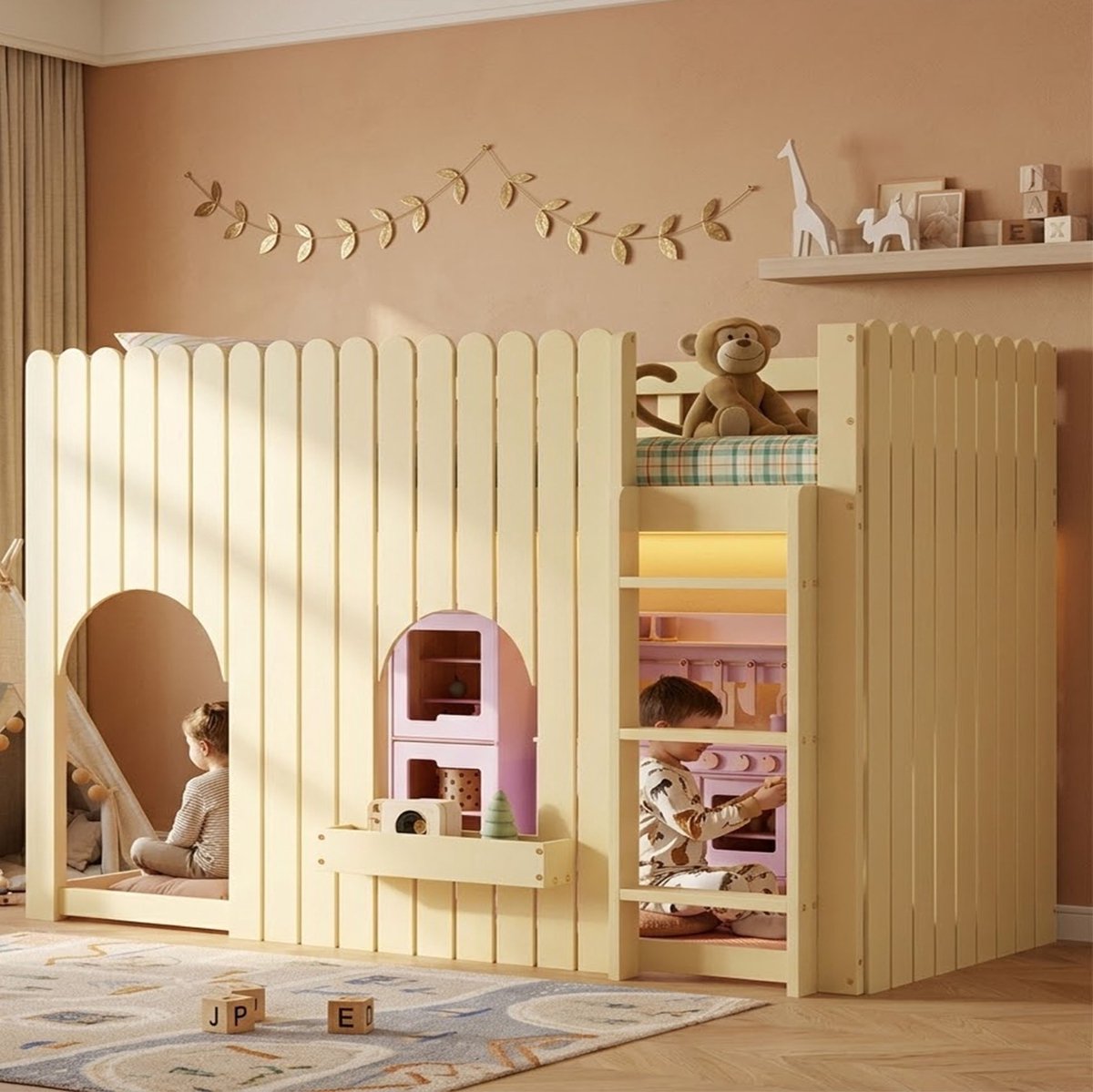 OKWISH Hoogslaper 90x200 cm - Met LED-Verlichting en Uitvalbeveiliging - Rechte Ladder en Opbergvak - Kinderbed van Hout en MDF - Naturel - Zonder Matras