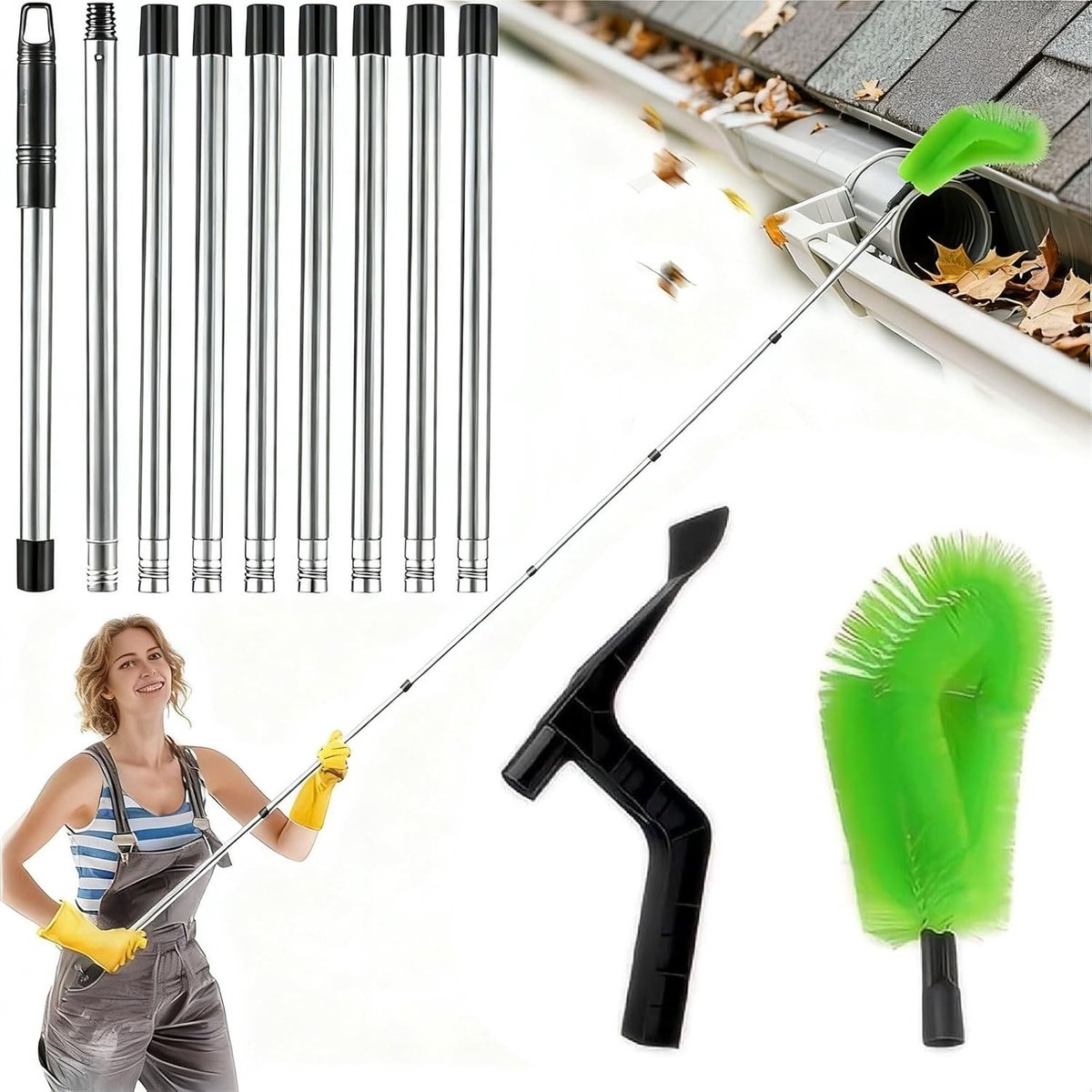 Professionele 390 cm Gootreiniger met Telescopische Handgreep en Schoonmaakgereedschap voor Bladeren en Ramen, Ideaal voor Het Onderhouden van Gootsystemen en Verlichting