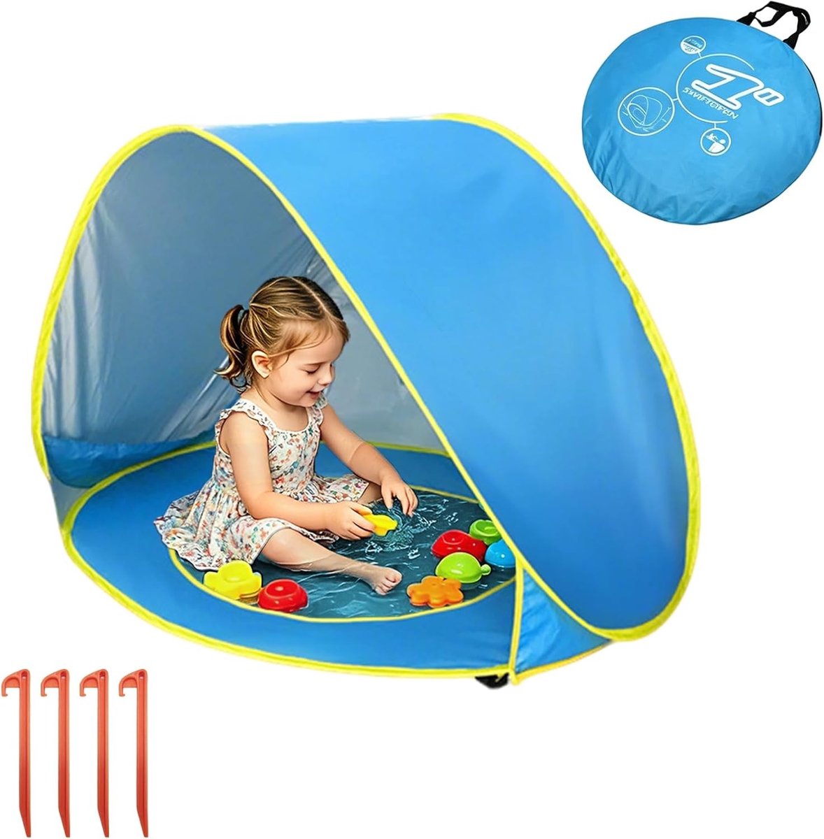 Blauwe strandschelp pop-up tent voor baby's en peuters met UPF 50+ uv-bescherming en waterdichte bodem, ideaal voor strand en buitenactiviteiten
