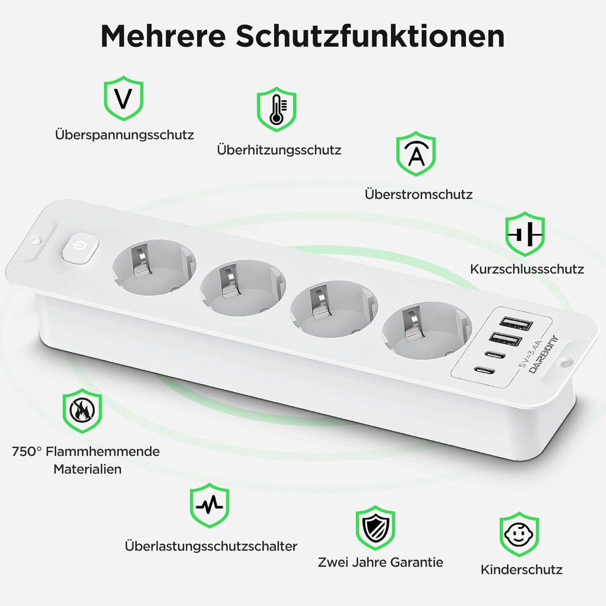 Thijox - Inschuifbaar Stopcontact met 2 USB-C en 4 EU Stopcontacten, 4000W 16A Tafelstopcontact voor Werkblad, Meervoudige Stekkerdoos met 4 USB A-aan