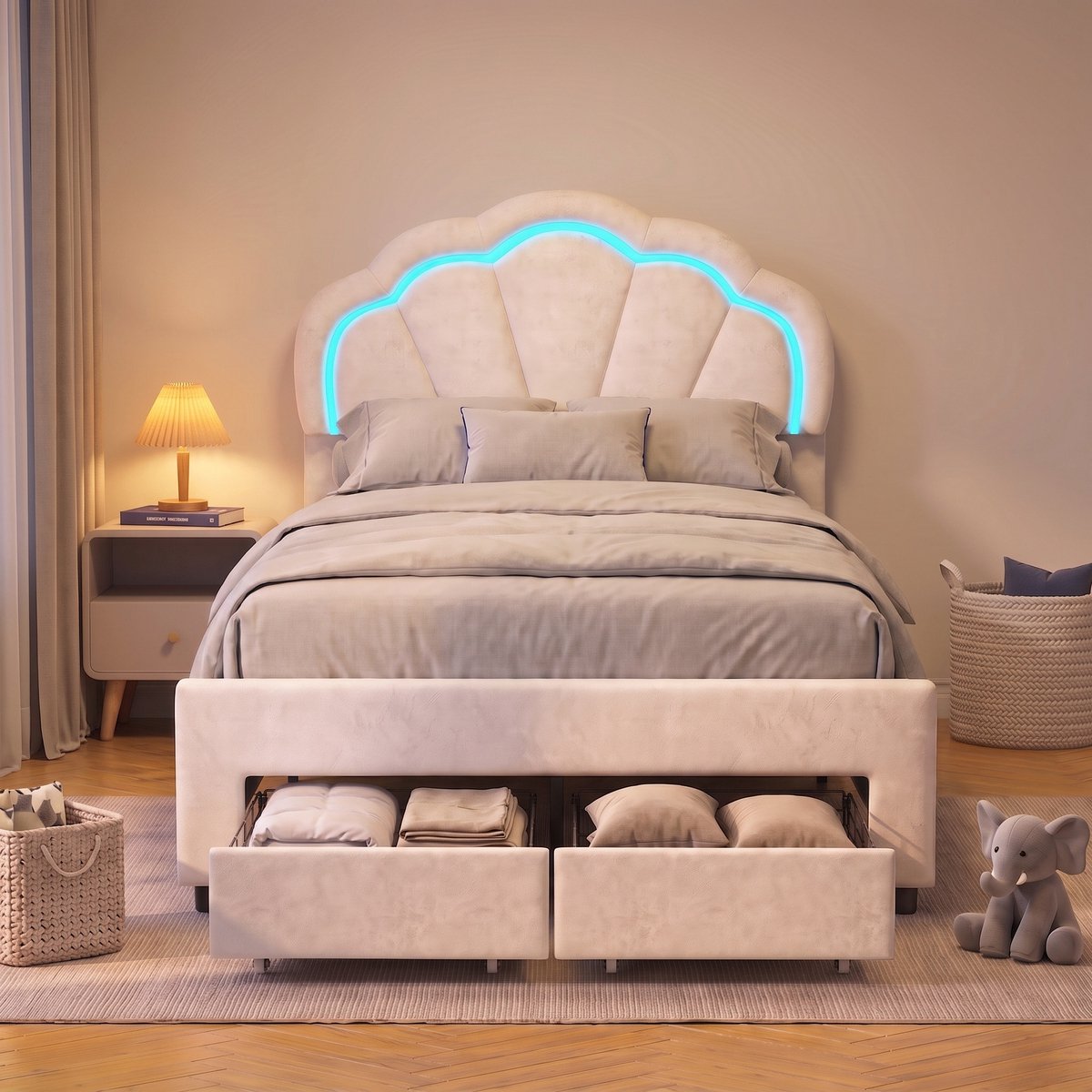 Gestoffeerd Kinderbed 140x200 cm - Opbergbed met RGB LED en 2 lades - fluwelen bed - schelp design - wit