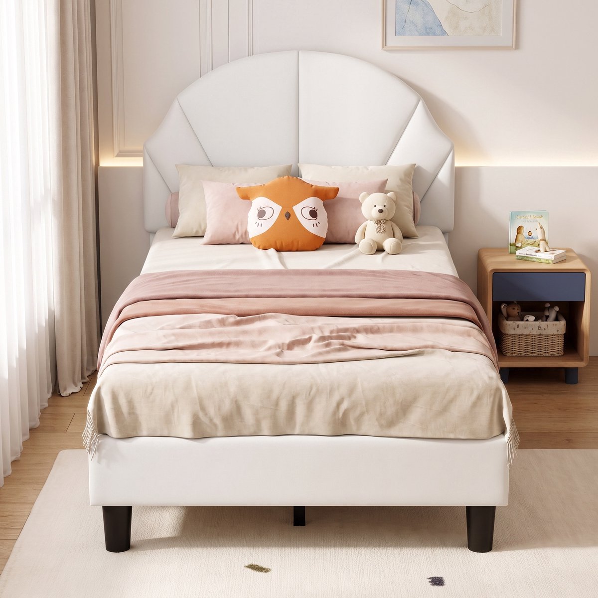 Gestoffeerd Eenpersoonsbed 90x190 cm - Kinderbed met verstelbaar schelpvorm hoofdbord - Fluwelen bed met Lattenbodem - Beige