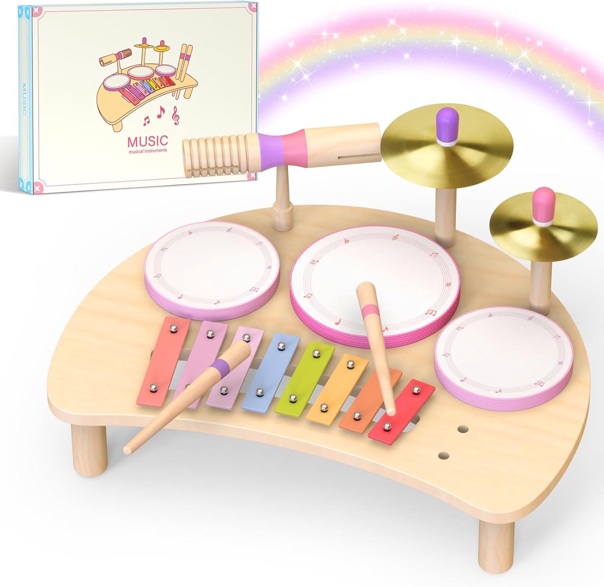 SnelShoppen - Trommel voor Kinderen, Houten 7-in-1 Kinderdrum, Xylofoon, Bekken, Klankblok - Montessori Speelgoed voor Ritme & Motoriek, Geschikt voor