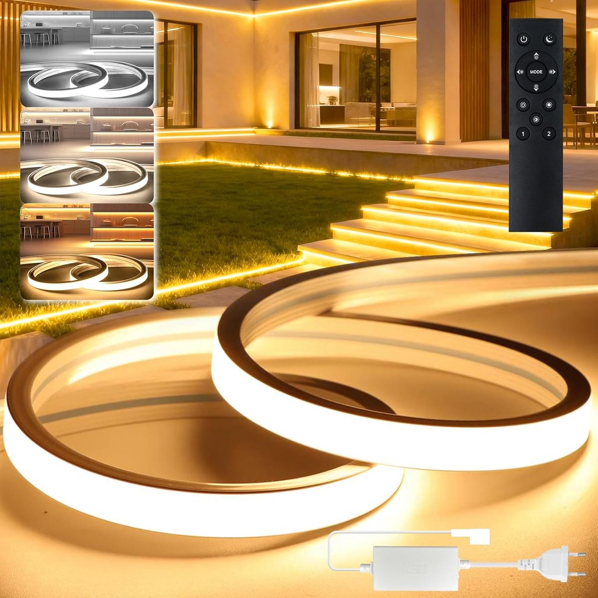 Thijox - LED Strip 20M Dimbaar CCT Buiten Waterdicht IP65 Siliconen Warm Wit/Natuurlijk Wit/Wit 120LEDs/M Flexibele Neon Licht met Afstandsbediening v
