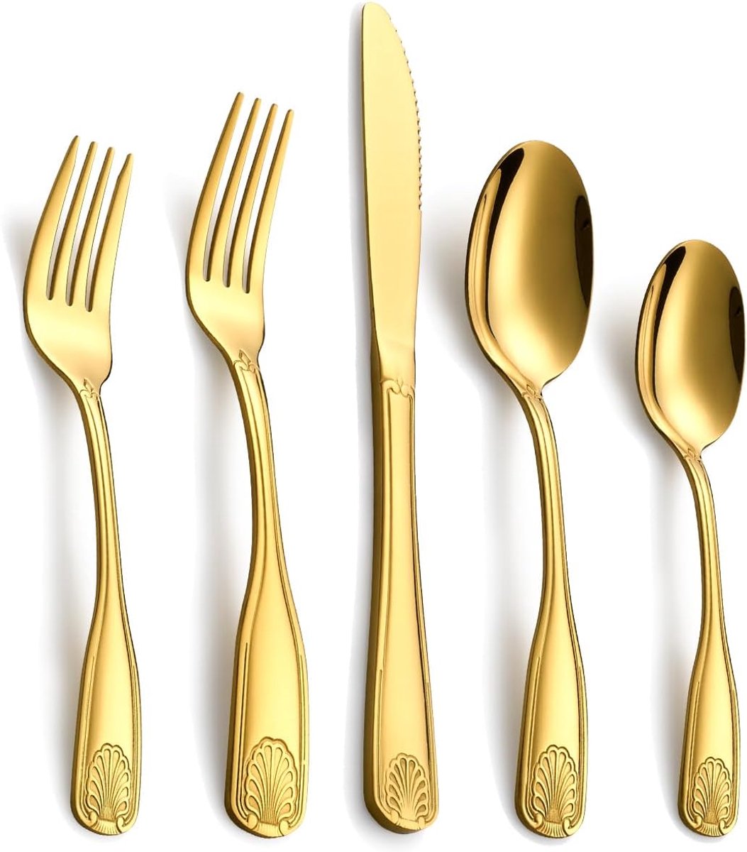Thijox - Gouden Bestekset voor 4 Personen - 20-delig Roestvrij Staal Zilverwerk met Schelpmotief - Vaatwasmachinebestendig Eetvork, Eetlepel, Eetmes,