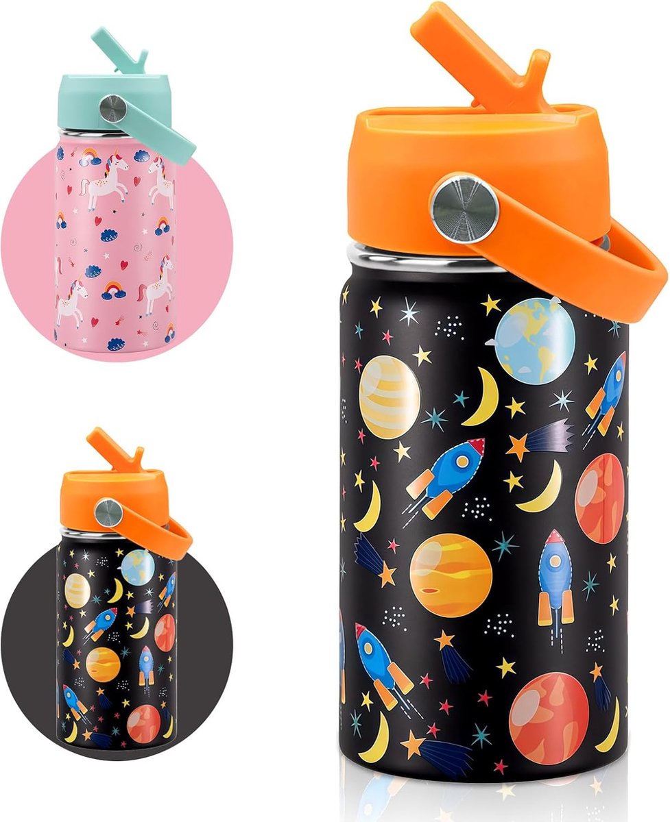 SnelShoppen - 350ml Kindervriendelijk Geïsoleerde Waterfles met Rietje, Lekvrije Doppen, Handvat, BPA Vrij, Ideaal voor Jongens en Meisjes, Warm en Ko
