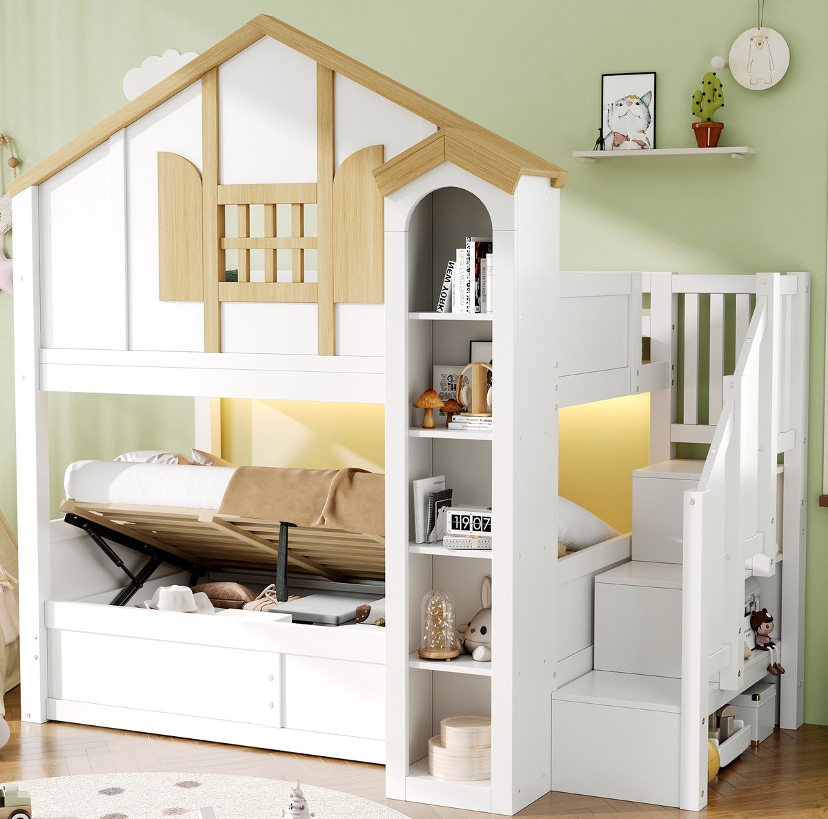 OKWISH Stapelbed 90x200 cm - Hydraulische Opbergruimte en Ledverlichting - Met Opbergtrap - Voor Kinderkamer - Hout en MDF - Wit en Natuurkleur - Zonder Matras