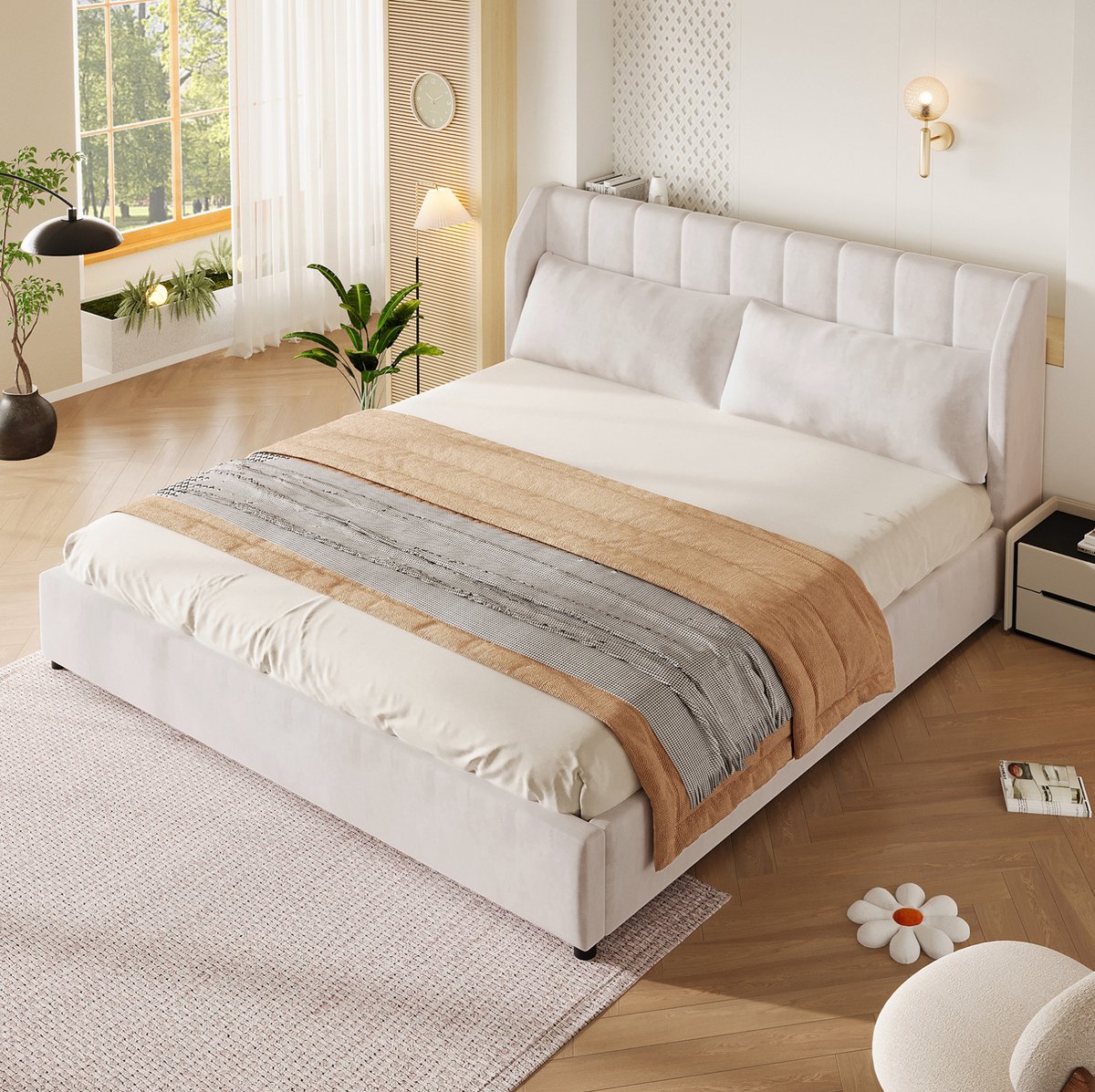 OKWISH Gestoffeerd Bed 180x200 cm - Tweepersoonsbed Met Lattenbodem en Gevoerd Hoofdbord - Met 2 Kussens - Zonder Matras - Beige