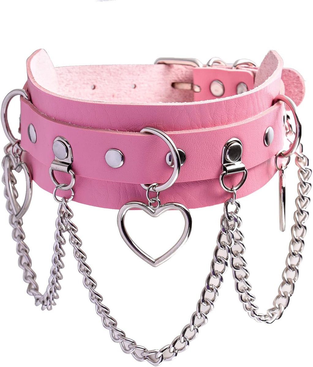 Thijox - Leren Halsband Dames - Zwart PU-Lederen Choker met Hart Hanger - Punk Rock Dubbele Ketting voor Feest en Dagelijks Gebruik
