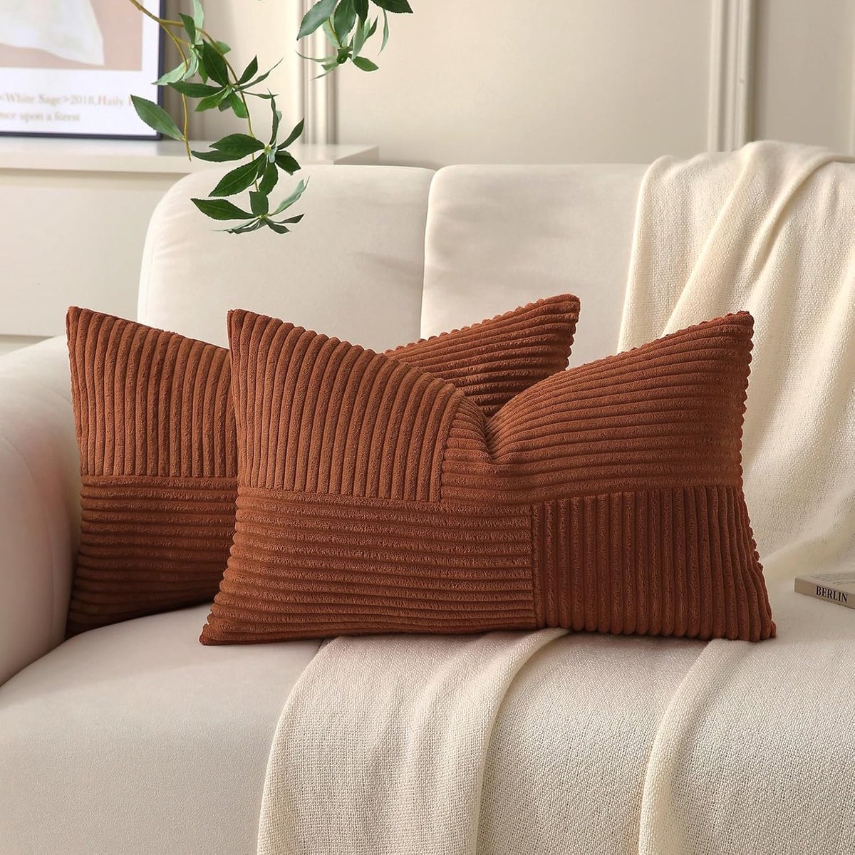 SnelShoppen - Set van 2 Ribfluwelen Kussenslopen 40x60 Roestrood - Pluizig Boho Kussenhoes voor Sofa, Bank, Bed - Decoratieve Kussenslopen voor Woonka