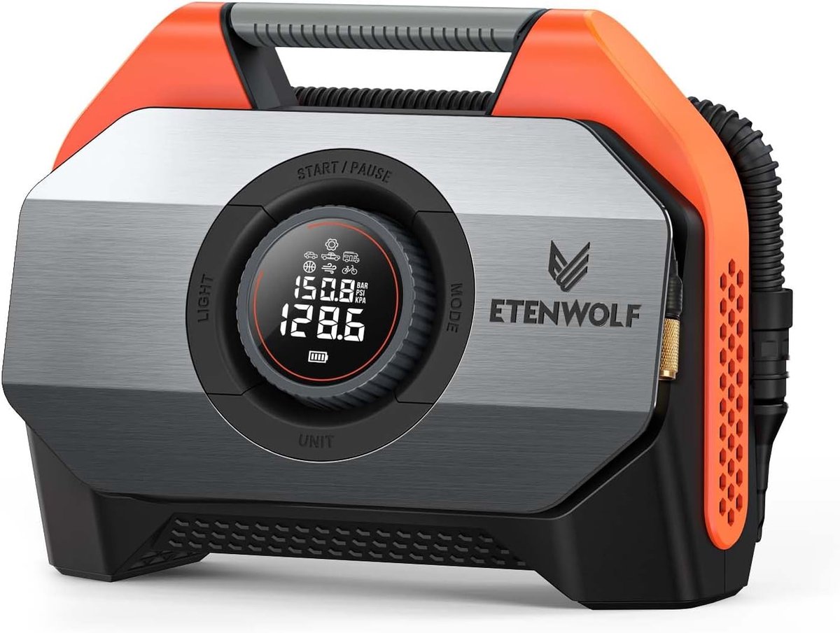 SnelShoppen - Draagbare Luchtcompressor Bandenpomp voor Auto en Zware Voertuigen met 19200 mAh Batterij, LED Verlichting, Digitale Drukmeter, Dual Cil