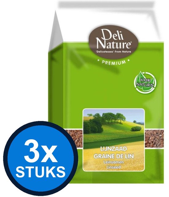 Groene verpakking Deli Nature lijnzaad met afbeelding van een heuvellandschap en een blauwe 3x stuks sticker.